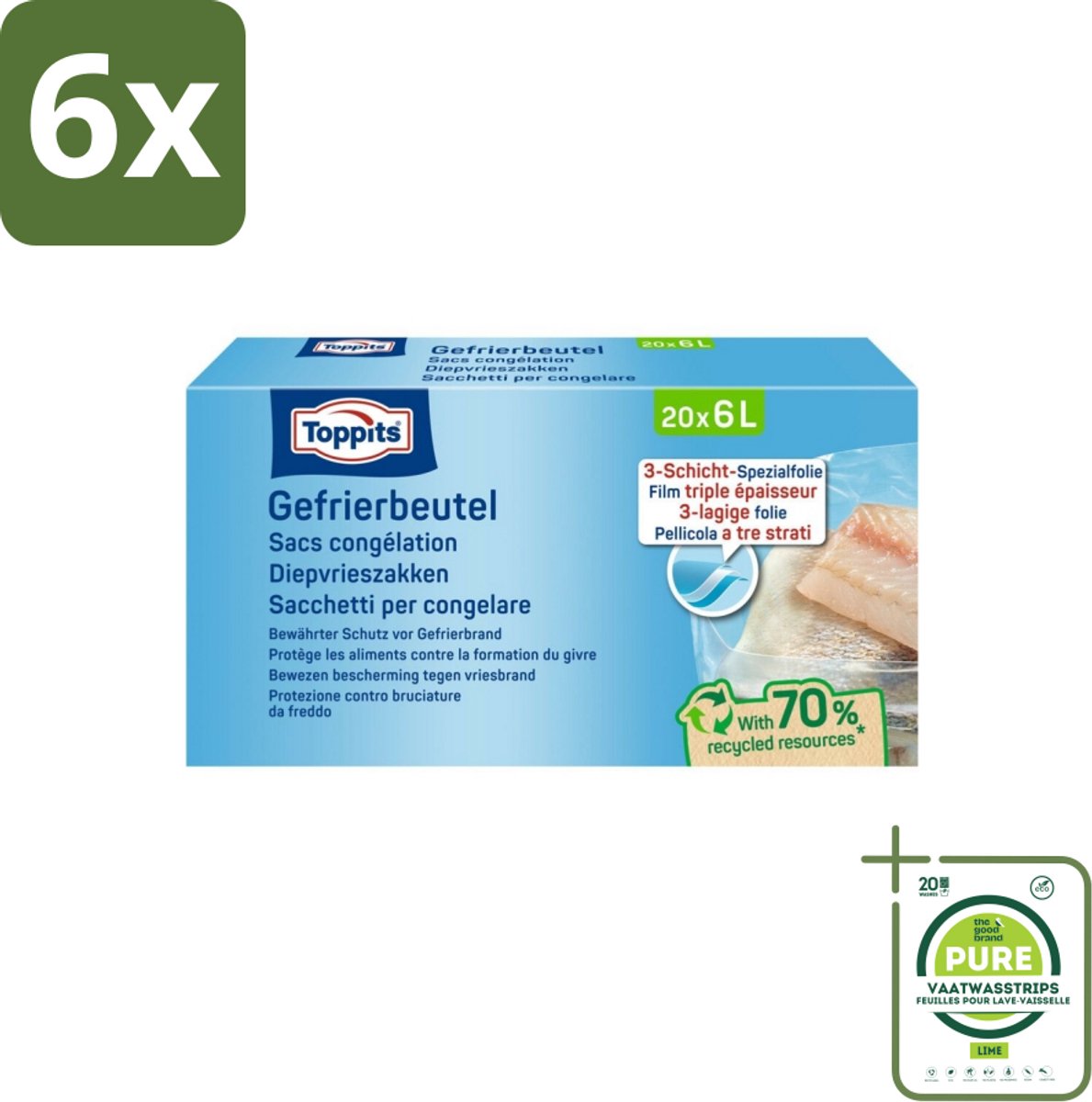 Toppits – Diepvrieszakken – 6 Liter – 20 Zakjes - Voordeelverpakking - 6 stuks - Diepvrieszak - Diepvrieszakjes