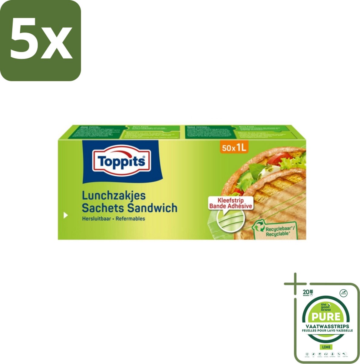 5 x Toppits – Lunchzakjes – Hersluitbaar – 1 Liter – 50 Zakjes - Grootverpakking - Sandwichzakjes - Lunchzakjes - Snacks - Broodjes - Fruit