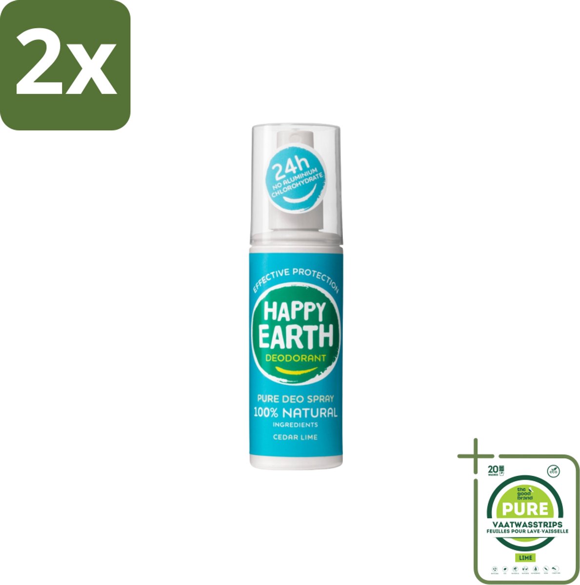 Happy Earth – Deodorant Spray – 100% Natuurlijk Cedar Lime – 100 ml - Voordeelverpakking - 2 stuks - Deodorant spray - Fris geur