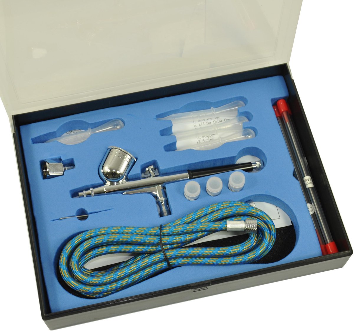 Aerograafset met 4 spuitmonden, slang en accessoires