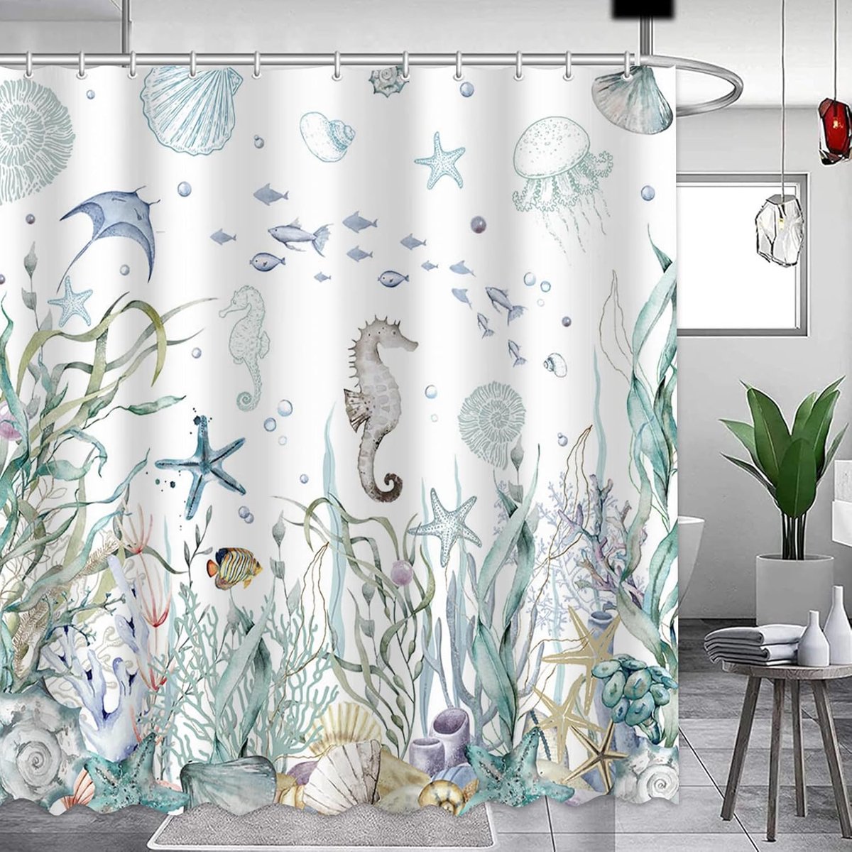 Ocean World Shower Curtain - Sea Life Shower Curtain for Children - Beach Jellyfish Seahorse Coral Star Shell Fish Shower Curtain Set - Washable Bathroom Shower Curtain 72x72 Inch