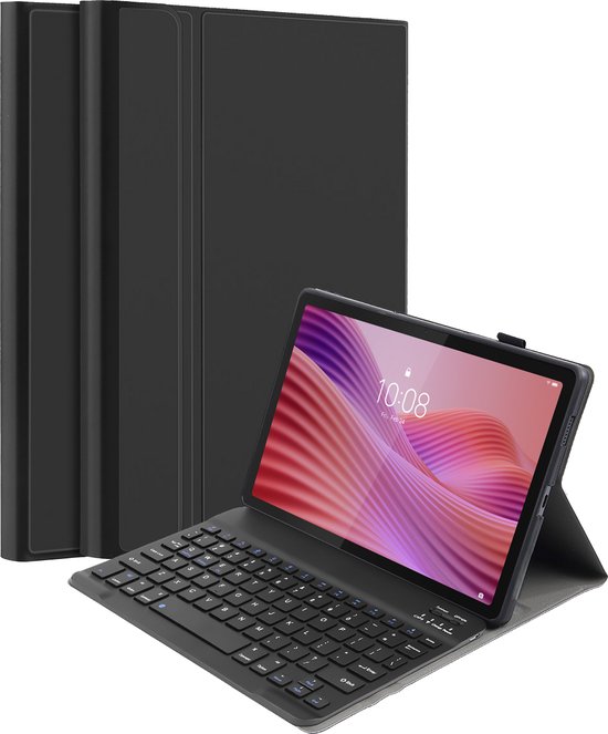 Zwarte tablethoes met een tablet en toetsenbord in een opstelling. Twee andere hoezen staan erachter.
