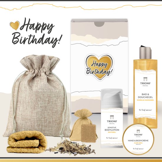 Foto: Geschenkset happy birthday 6 producten 520 gram cadeau voor haar cadeaupakket feestje luxe wellness pakket douchegel giftset fleece deken douchegel vanille karamel verjaardag vrouw gefeliciteerd speciaal pakket party gift set okergeel goud