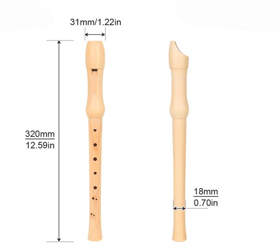 Houten blokfluit van 320 mm lengte en 31 mm breedte, met 8 vingergaten en schuine monding.