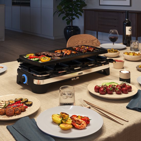 Princess Gourmetstel XL 162650 - Raclette 10 personen - Grill & Bakplaat - Groot 49x21cm - 2 meter snoer - Regelbare thermostaat - 1500W - Zwart - 10 pannetjes