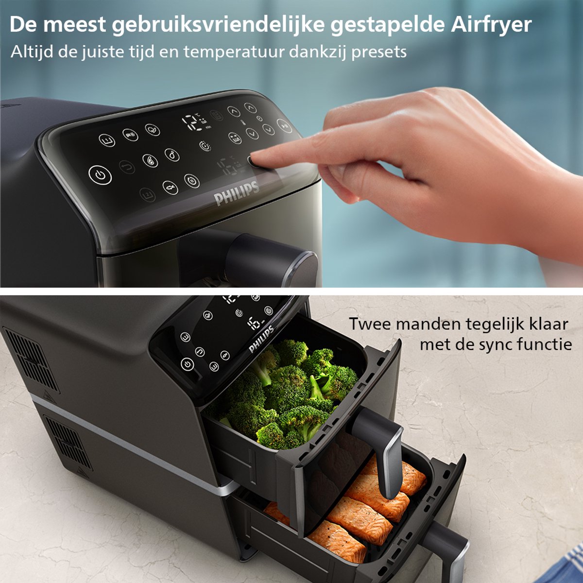 Philips 4000 Series Dual-Stacked Dubbele Airfryer – NA461/00 - 2 Lades (Sync) – 10 L – Tot 6 Personen – Bespaart 45% Ruimte — afbeelding 6