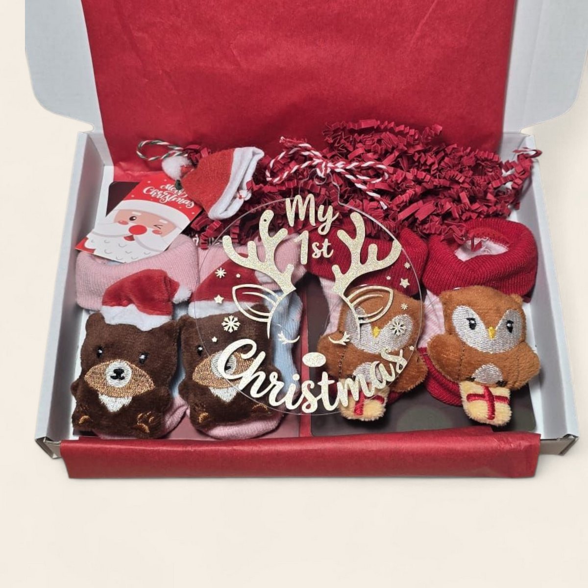 Kerstcadeau voor Baby – My First Christmas plexiglas kerstbal - 2 paar 3D kerstsokjes - uil en beertje