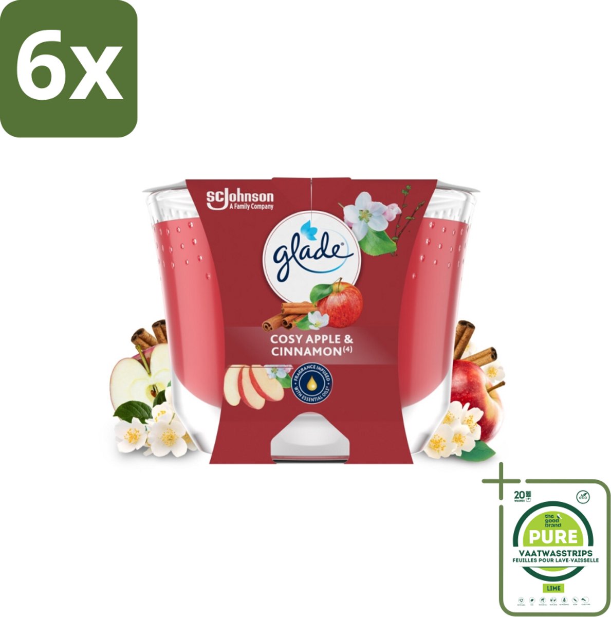 Glade - Geurkaars Appel Kaneel - 100% Raapzaadwas - 204 g - Voordeelverpakking - 6 stuks - Geurkaars - Vegan