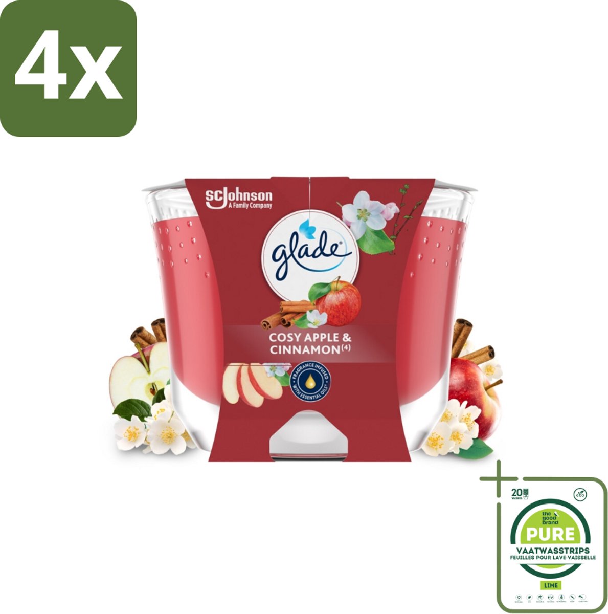 Glade - Geurkaars Appel Kaneel - 100% Raapzaadwas - 204 g - Voordeelverpakking - 4 stuks - Geurkaars - Vegan