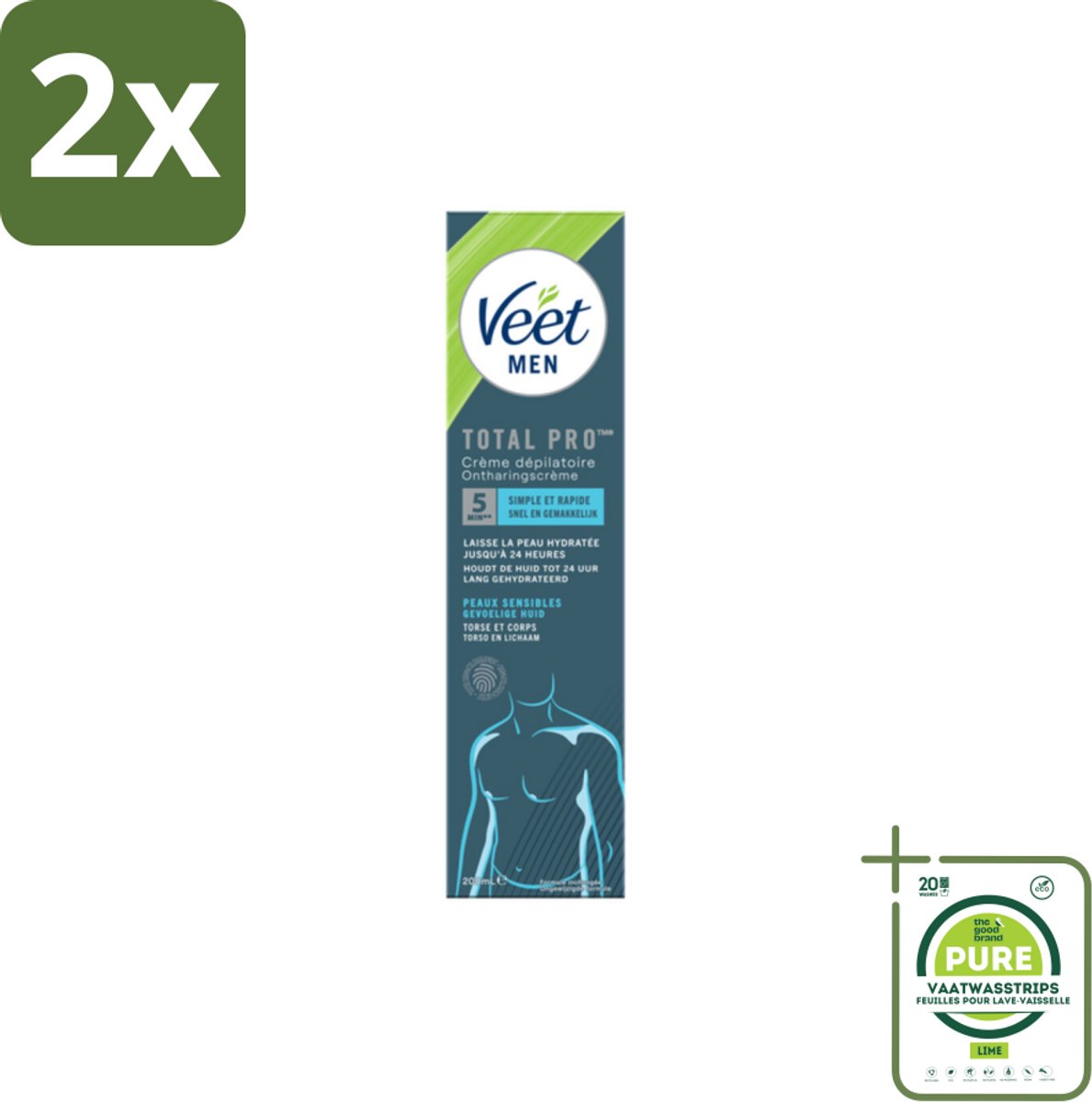 Veet Men - Ontharingscrème - Gevoelige Huid - Milde Formule - 200 ml - Voordeelverpakking - 2 stuks - Ontharingscrème - Mannen