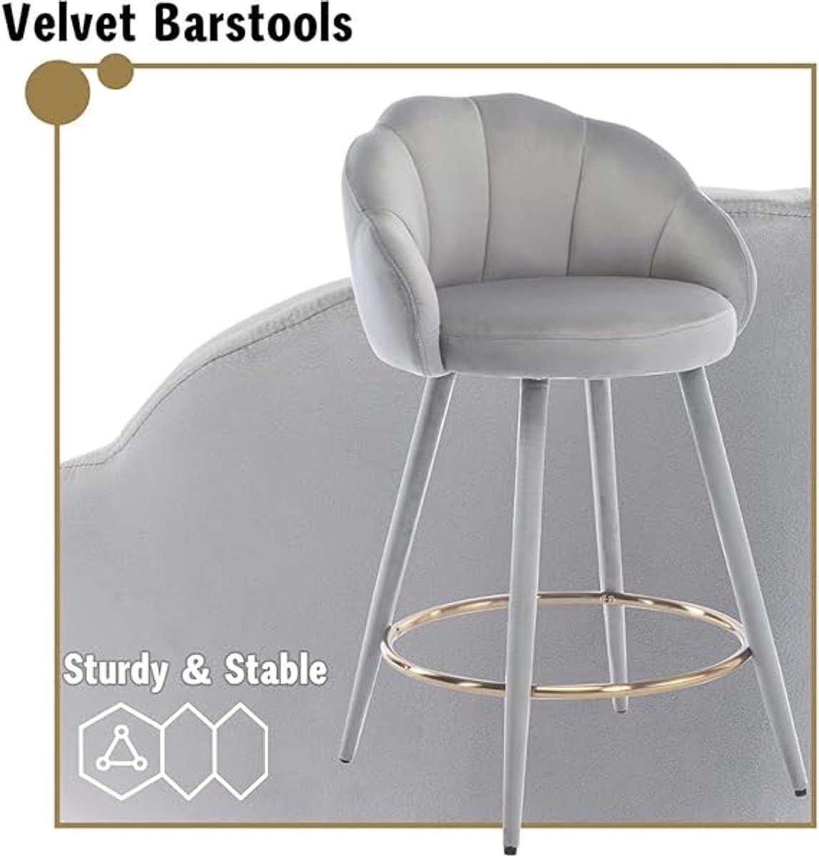 Barkruk Set van 2 – 45×44,5×88 cm – Luxe Fluwelen Barstoelen met Rugleuning – Moderne L-Vormige Velvet Barkrukken – Verstelbare Poten – Comfortabel & Gevoerd – Beige – Altameubel