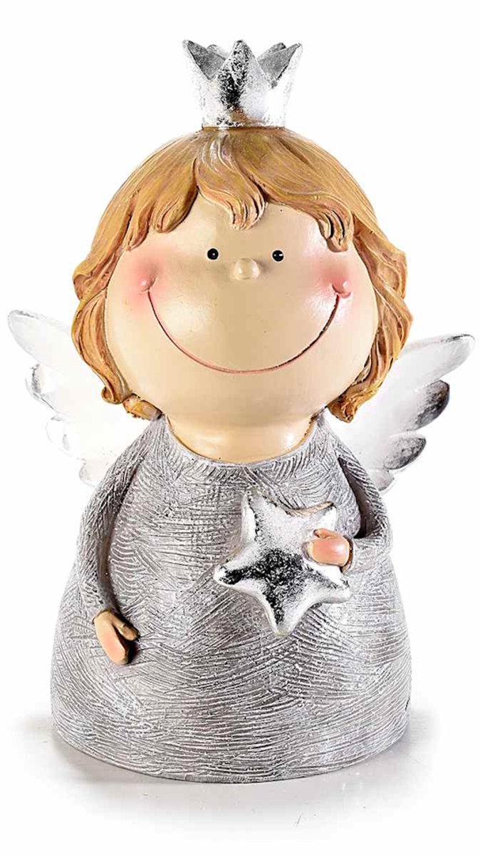 Decoratieve Kerstengel met Glitter - Zilver - met Ster - 11 x 8 x 15,5 cm - Resin - Kerstdecoratie