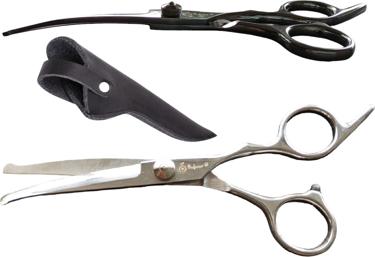 Professionele Hondenschaar – Ergonomisch Krom – Trimschaar – Voor Vacht- & Pootverzorging – RVS – Inclusief Luxe Lederen Etui – 16,5 cm – Zwart