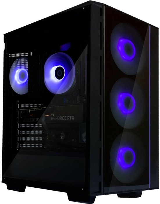 Zwarte computerbehuizing met glazen zijpaneel, met paarse LED-verlichting op de ventilatoren en binnenin de pc.