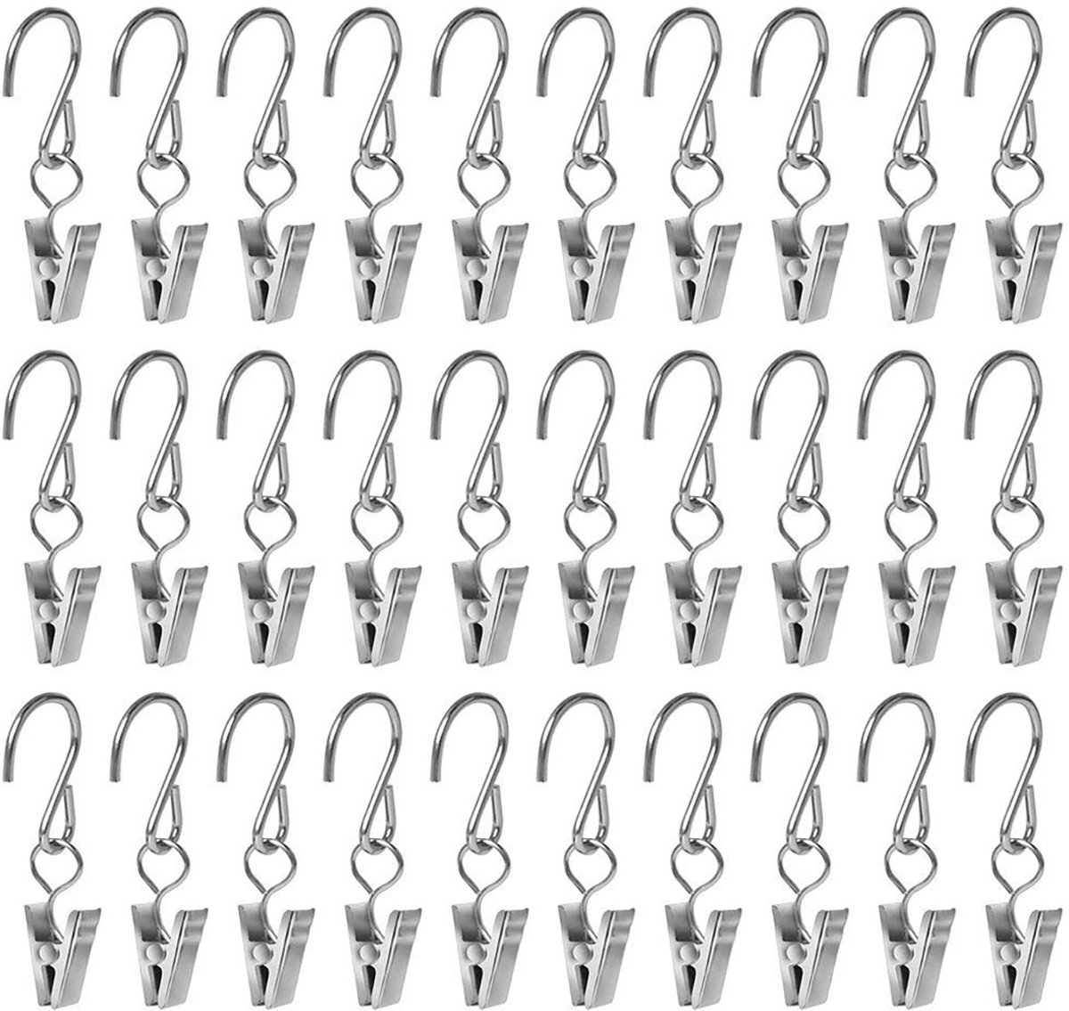 EXCITAT Gordijnclips - gordijnringen met klem - Metalen clips met S-haken - voor het ophangen van gordijnen, schilderijen, woonaccessoires - Zilver - 30 stuks