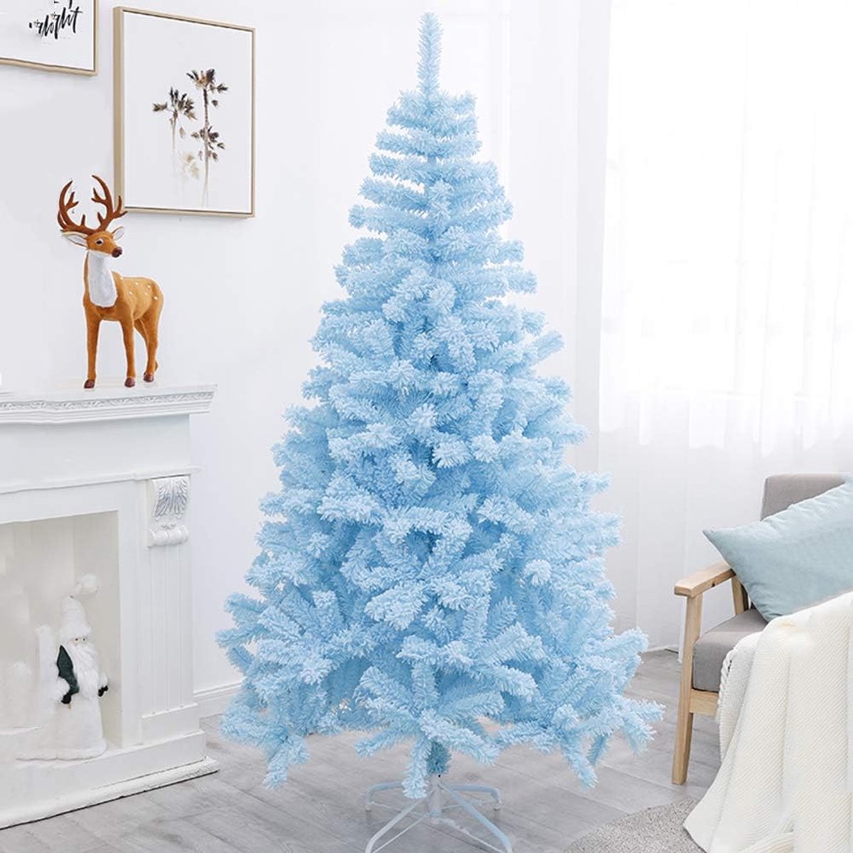 Blue Dream kerstboom met led-verlichting, 8 lichtstanden, PVC-takken, decoratie voor binnen en buiten, eenvoudige montage met standaard - moderne kerstboomdecoratie voor woonkamer, tuin en feest