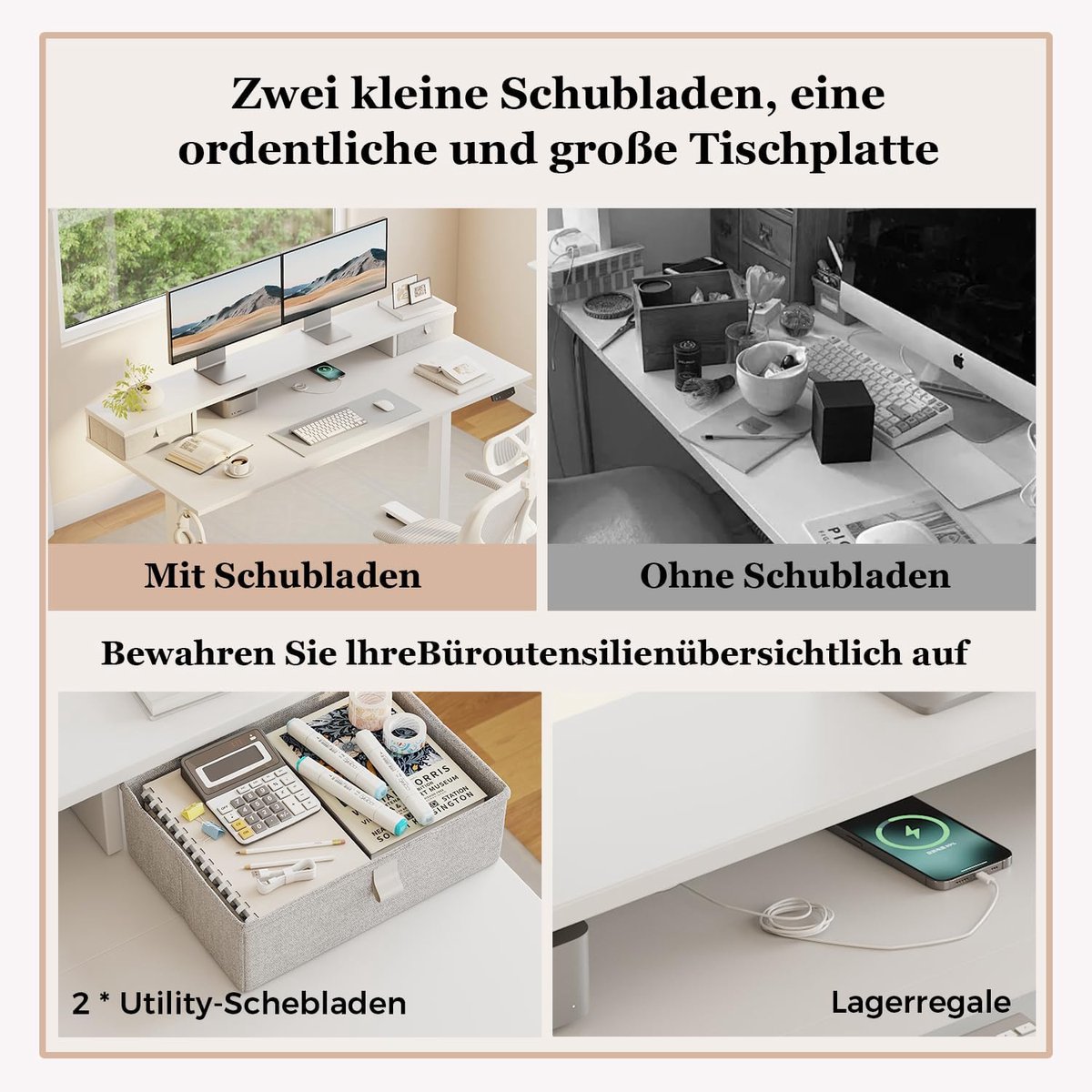 Elektrisch Zit-Sta Bureau – Ergonomisch Verstelbaar Bureau met Dubbele Laden – SmartLift Pro 100×60 cm – Wit – Staand & Zittend Werken – Compact Computerbureau – Premium Ergonomie