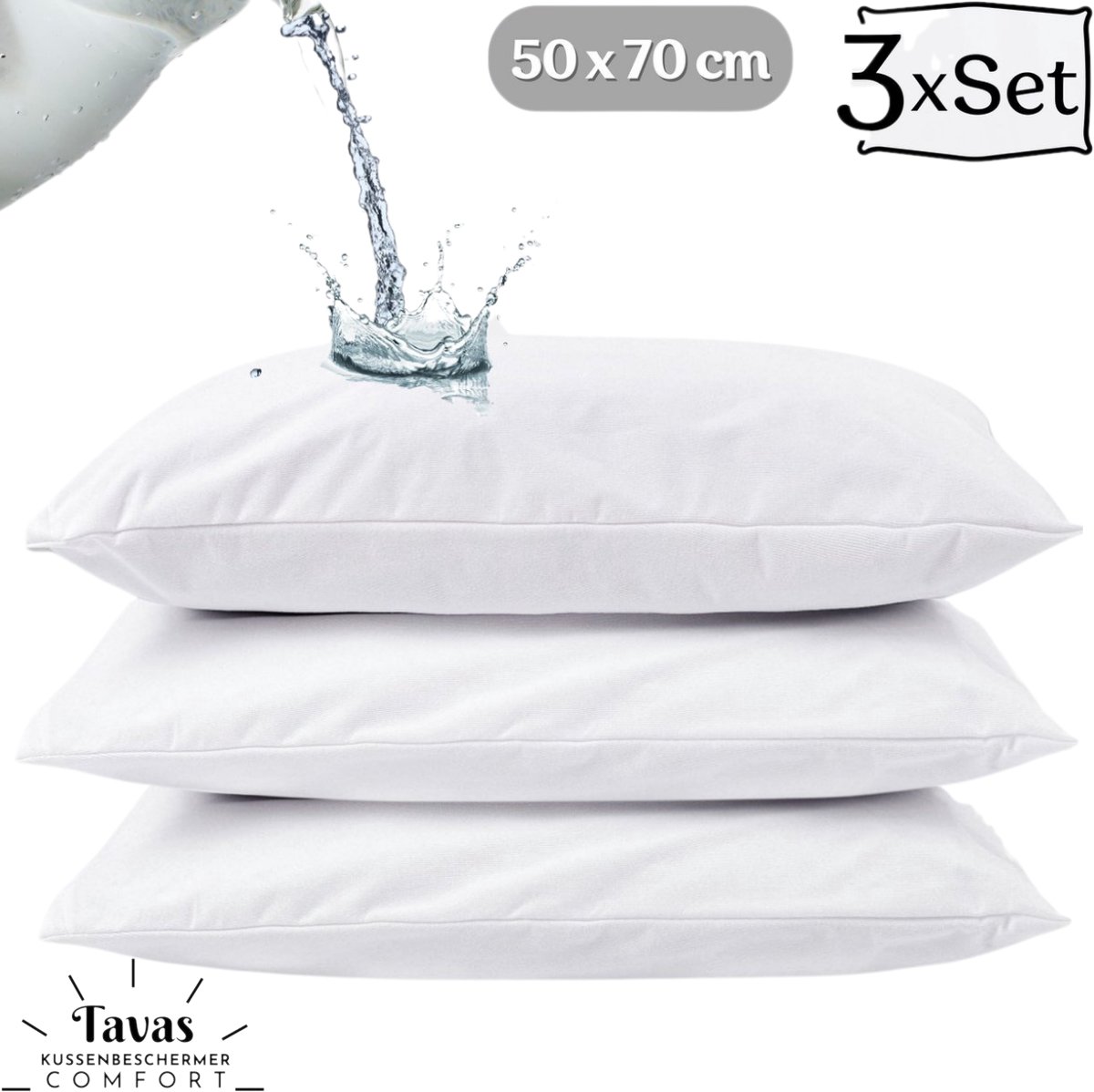 Tavas Pamura Waterdichte Kussenbeschermer 50x70 cm 3 Stuks Kussenbeschermer Vocht beschermend - Met rits - Incontinentie Kussenslop Molton %100 Katoen Badstof Wit