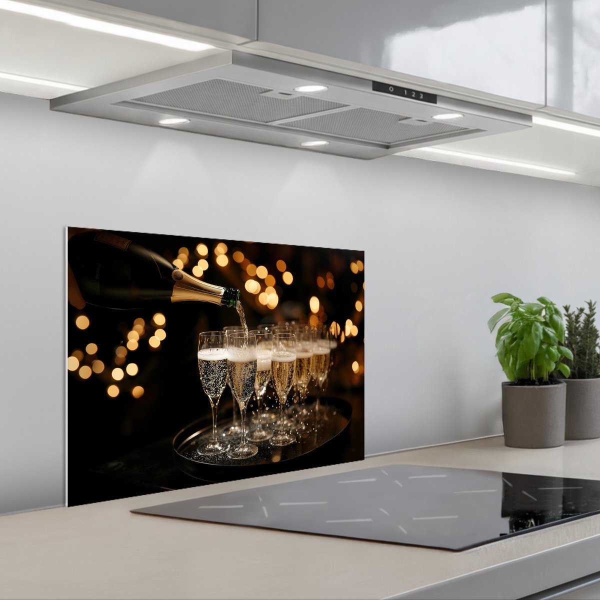 KitchenYeah Spatscherm 60x45 cm Zelfklevende achterwand Lichtjes Champagne Dienblad Glazen Keuken muurbeschermer Spatwand fornuis