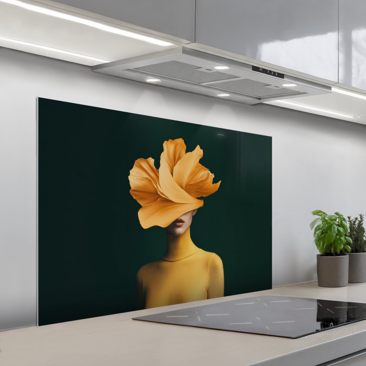 KitchenYeah Spatscherm 100x65 cm Zelfklevende achterwand Vrouw Hoed Geel Keuken muurbeschermer Spatwand fornuis