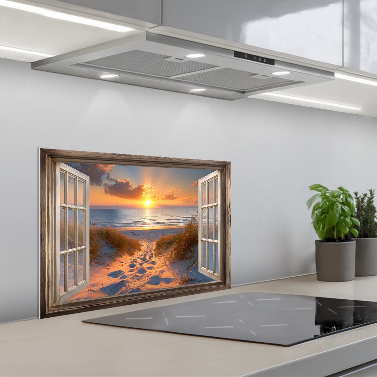 KitchenYeah Spatscherm 60x40 cm Zelfklevende achterwand Doorkijk Strand Duinen Zonsondergang Keuken muurbeschermer Spatwand fornuis