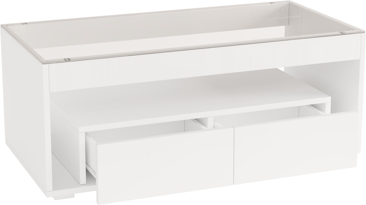 REDOM Salontafel 100×50×40 cm — hoogglans wit met glasplaat, geïntegreerde LED met app, 2 lades, dubbele opbergruimte
