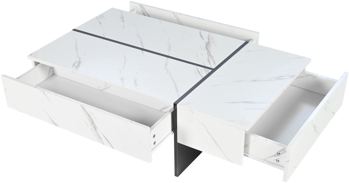 REDOM Salontafel wit met app-bediening LED, hoogglans marmerpatroon, 3 lades, onregelmatig design