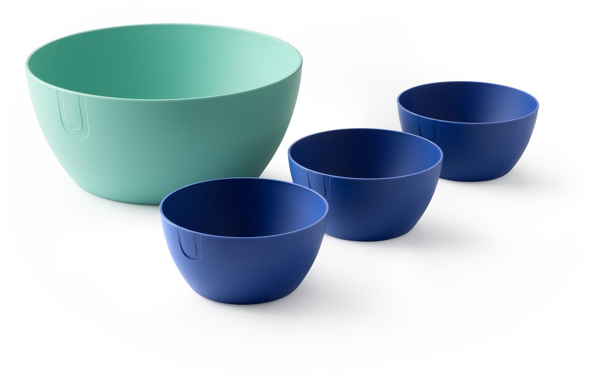 UBITE set – bio-based saladeschaal aquamarine groen (XL - Ø 27) + set van 3 bio-based bowls silicate blauw(S - Ø 13) - saladeschaal/saladekom/kom/schaal/bakje/duurzaam