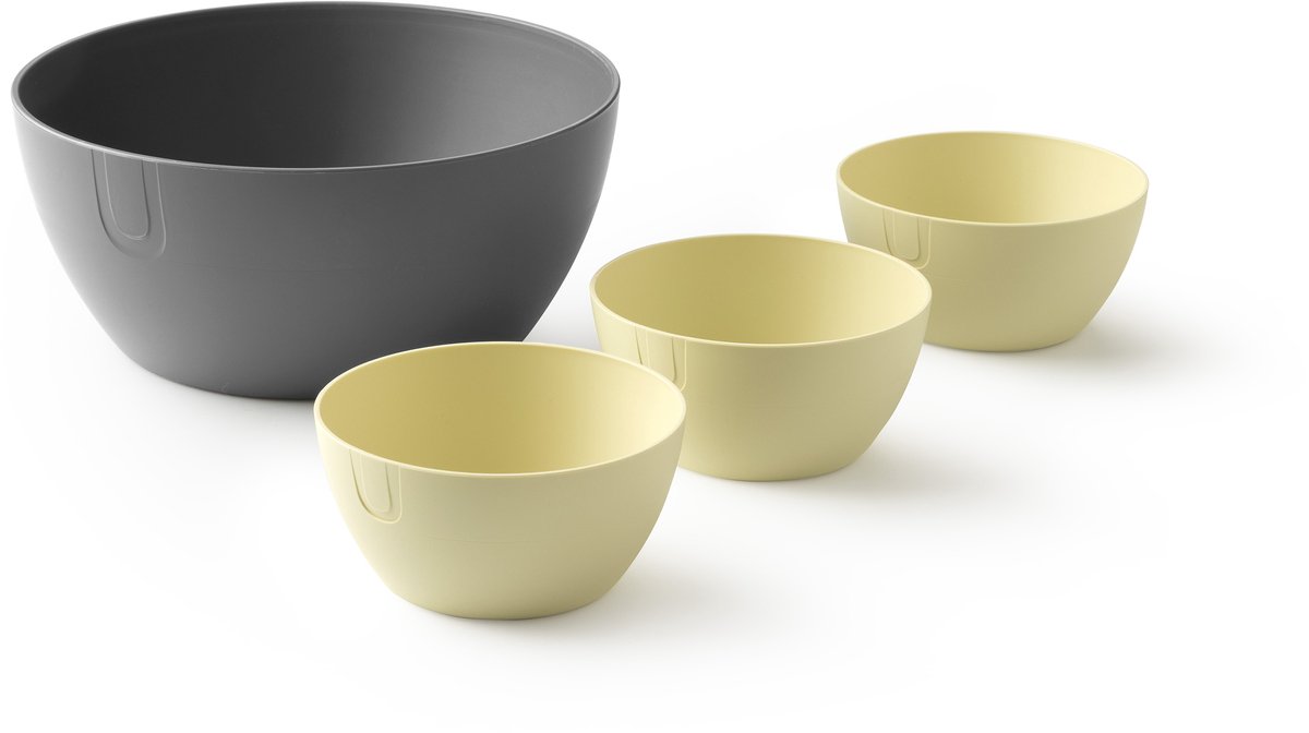 UBITE set – bio-based saladeschaal grafiet grijs (XL - Ø 27) + set van 3 bio-based bowls butter yellow (S - Ø 13) - saladeschaal/saladekom/kom/schaal/bakje/duurzaam
