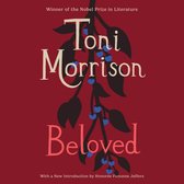 Boekomslag 'Beloved' van Toni Morrison, met een rode achtergrond en takken met blauwe besjes.