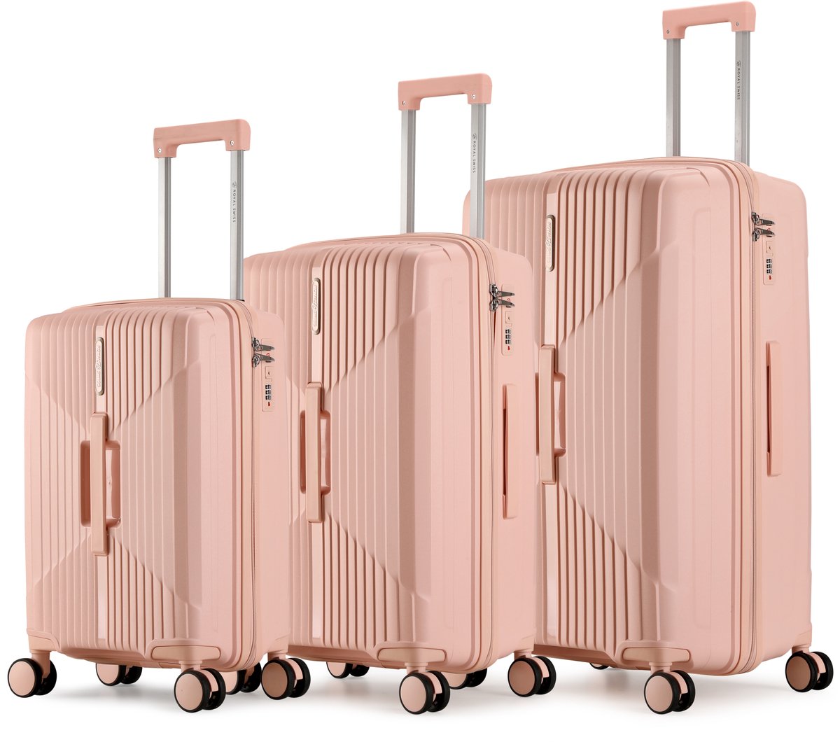 Royal Swiss® Kofferset 3-Delig – PP Hardcase met X-Design – 20/24/28 inch – Lichtgewicht & Krasbestendig – TSA Slot – 360° Dubbele Wielen – Roze