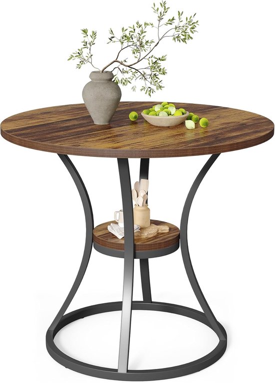 Ronde tafel met houten blad, metalen onderstel, met een extra plank en decoratie.