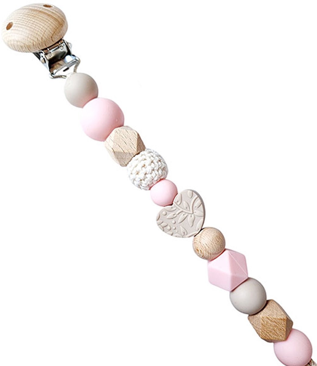 Happy by Lies speenkoord Dewi hout/siliconen - roze/zand/hart/hout