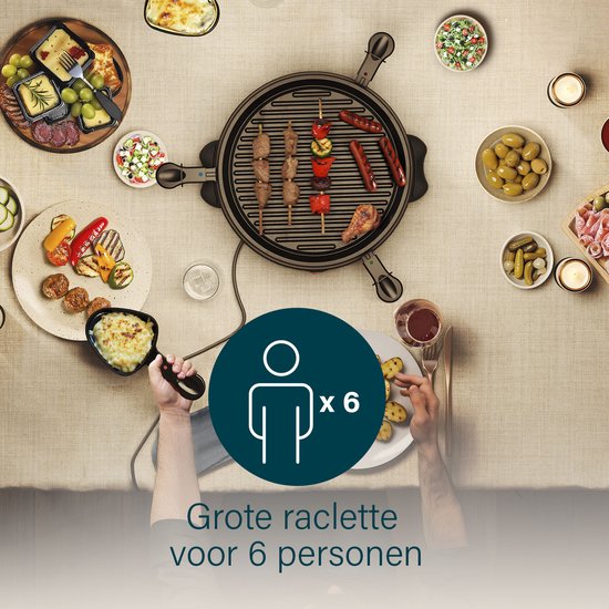 Princess raclette grill voor 6 personen, met spiesjes, worstjes, vlees, kaas en groenten.