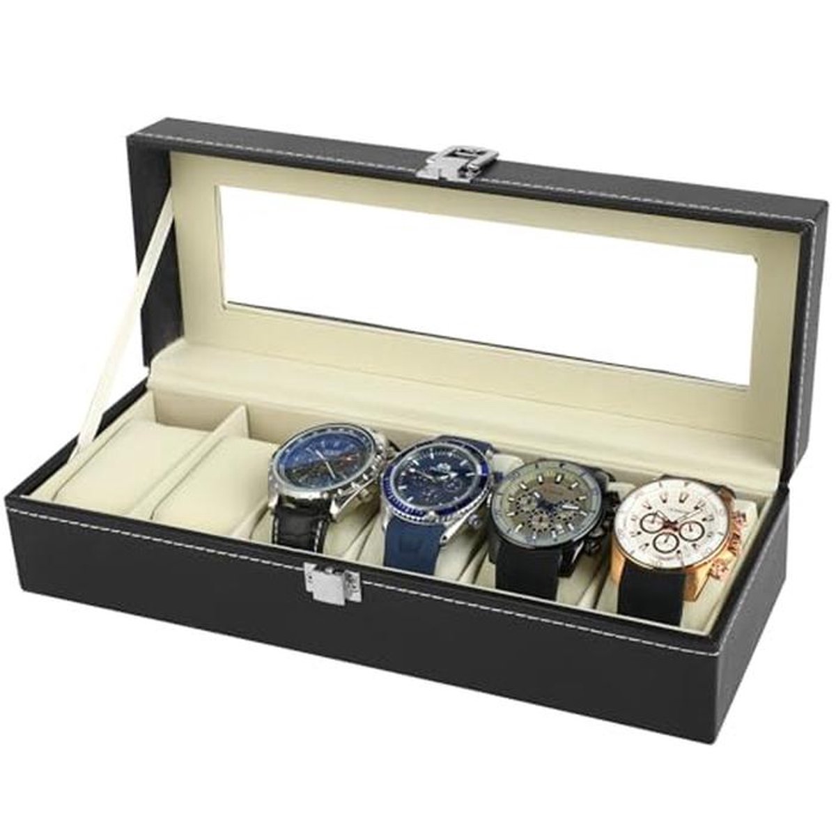 Horlogedoos met 6 Vakken en Glazen Deksel - Luxe Horlogebox met Afneembare Bekleding en Metalen Slot