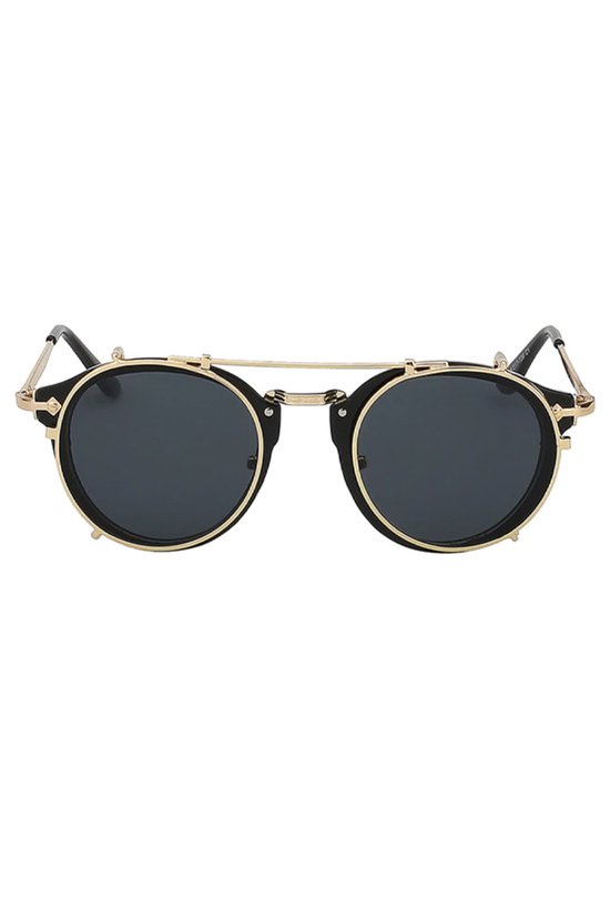KIMU Ronde Zonnebril Clip On Steampunk - Zwart Goud Montuur Rond - Zwarte Glazen - Vintage Gouden Clipon Voorzet Carnaval van Merkloos — afbeelding 4