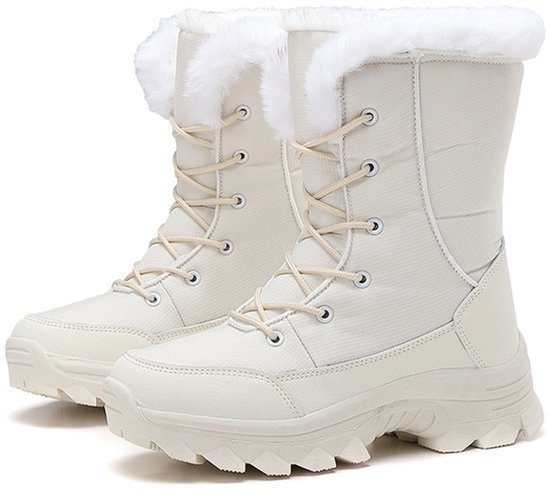 Snowboots - Snowboots dames - Sneeuwlaarzen - Antislip/Winddicht snowboots - Warme zachte voering - Comfortabele dikke zool - Winterlaarzen met veters - Gebroken wit - Maat 42