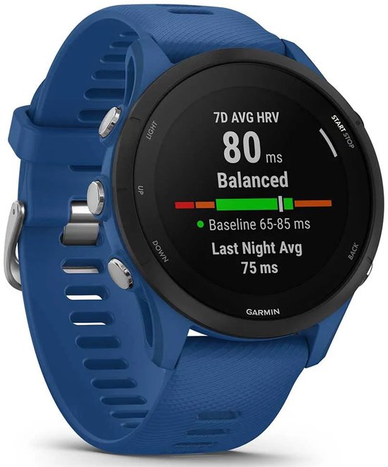 Blauw Garmin Forerunner 255 sporthorloge met hartslagvariabiliteit '80 ms Balanced' op het scherm.