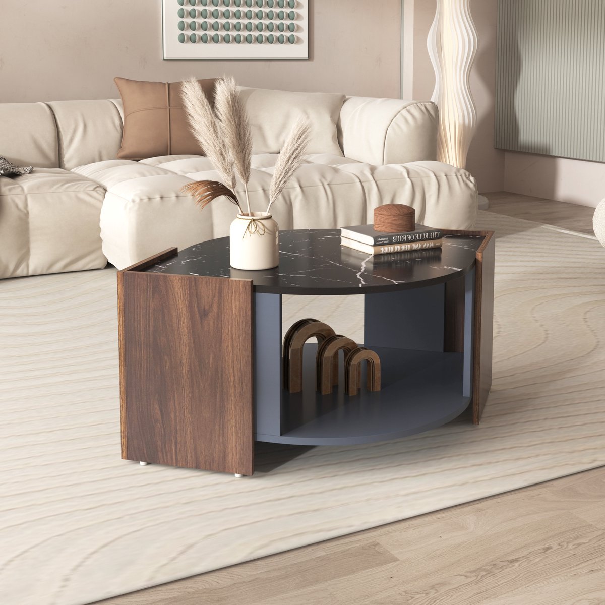 STILVORA Salontafel - Zwart Marmerlook Met Notennerf En Opbergvak - Artistiek Design Voor Woonkamer - Spaanplaat - 96,5x63x40 cm - Zwart+Notenbruin