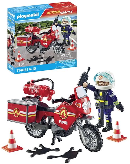 Playmobil doos met rode speelgoedmotor, brandweerfiguur, brandblusser en kegels. 'Action Heroes'.