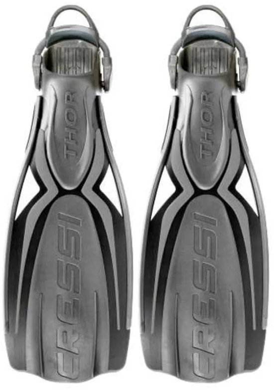 Palmes de plongée Cressi Thor EBS grises avec accents noirs et nom de marque.