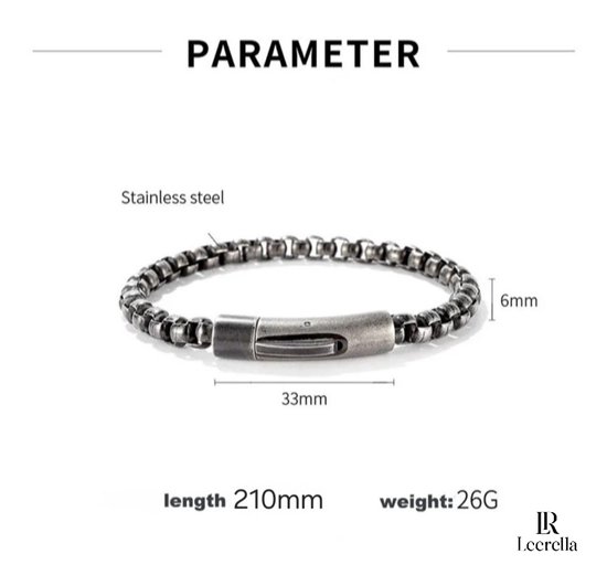 Detailfoto van een roestvrijstalen schakelarmband, 6mm breed, 210mm lang, met afmetingen aangegeven.