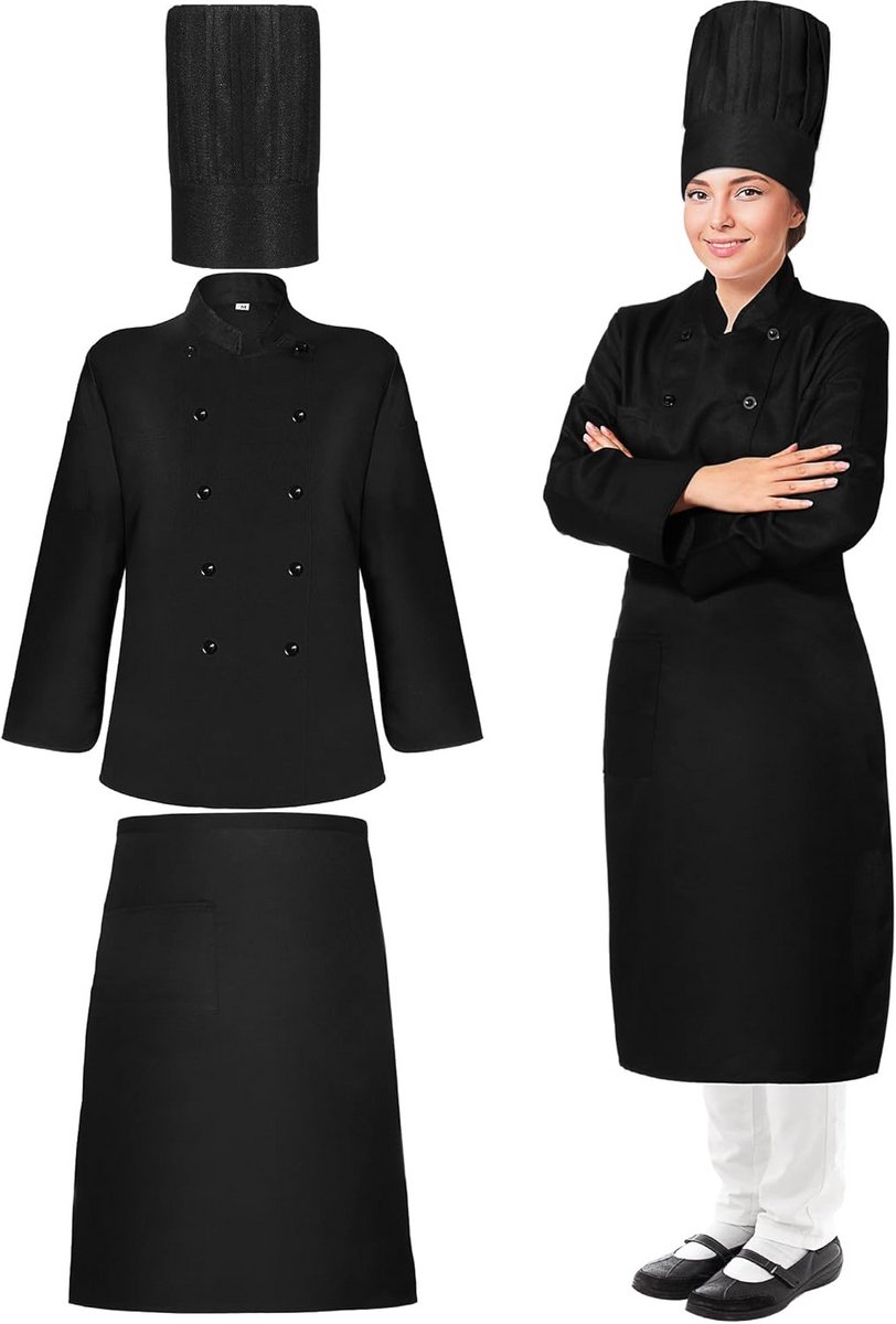 3 Stuks Unisex Chef Jas Set voor Vrouwen met Hoge Hoed en Schort