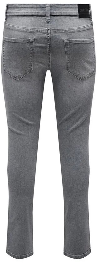 Grijze damesjeans met een slanke pasvorm, gezien vanaf de achterkant.