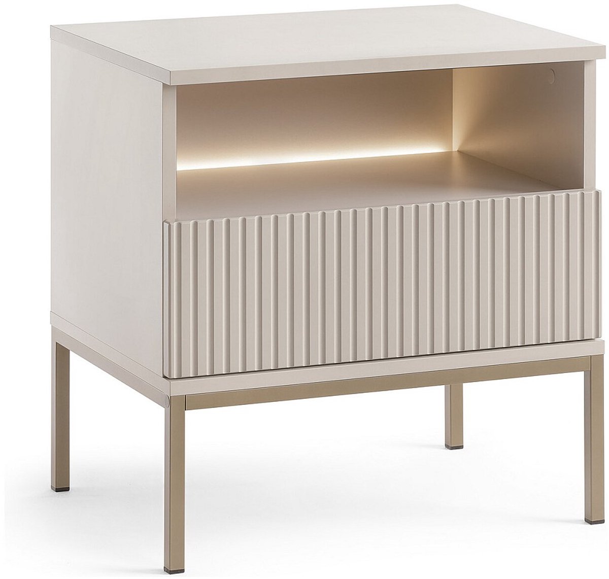 Vente-unique Nachtkastje met 1 lade en 1 nis - Met ledverlichting - MDF en gerookt glas - Beige - OVILA Beige, Natuurlijk licht