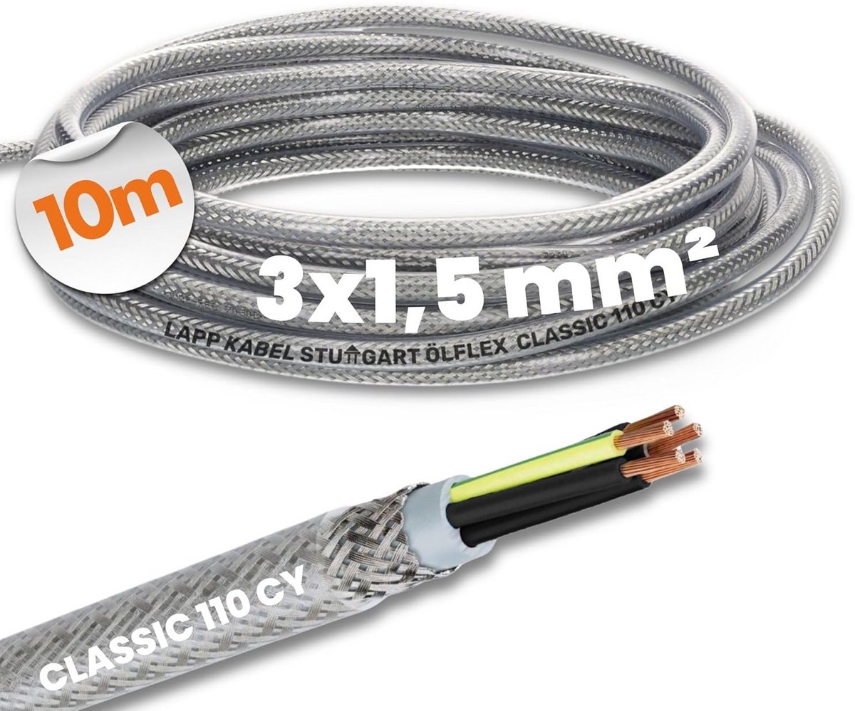 10 meter afgeschermde 3x1,5 mm² stuurkabel met groen-gele beschermingsgeleider voor buitengebruik