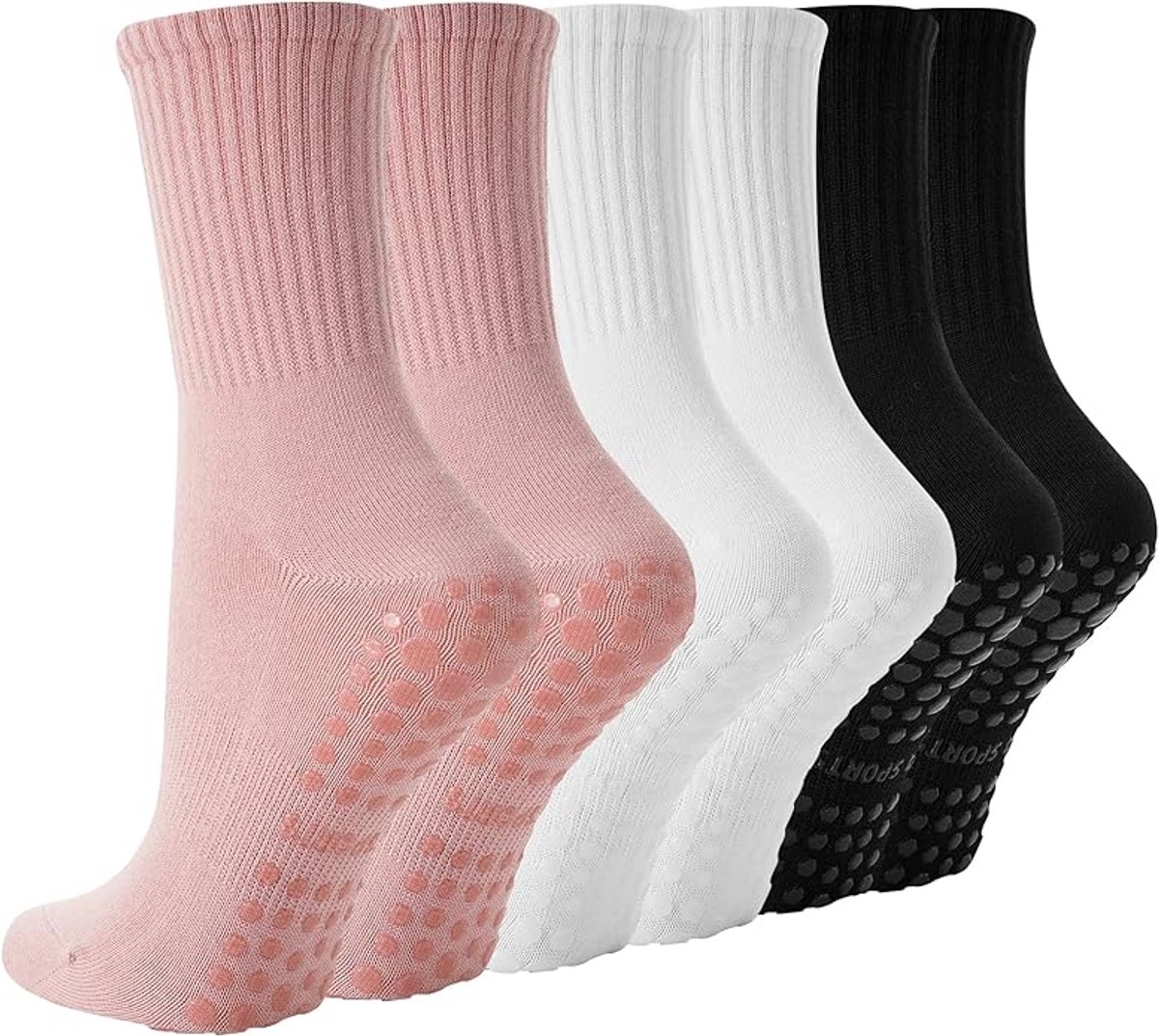 Kraftverdia Sokken Dames Antislip 3-Pack – Damessokken – Noppen Design – Eén Maat – Huissokken Dames anti Slip – Gripsokken voor Yoga Pilates Ballerina Ballet – Roze Wit Zwart