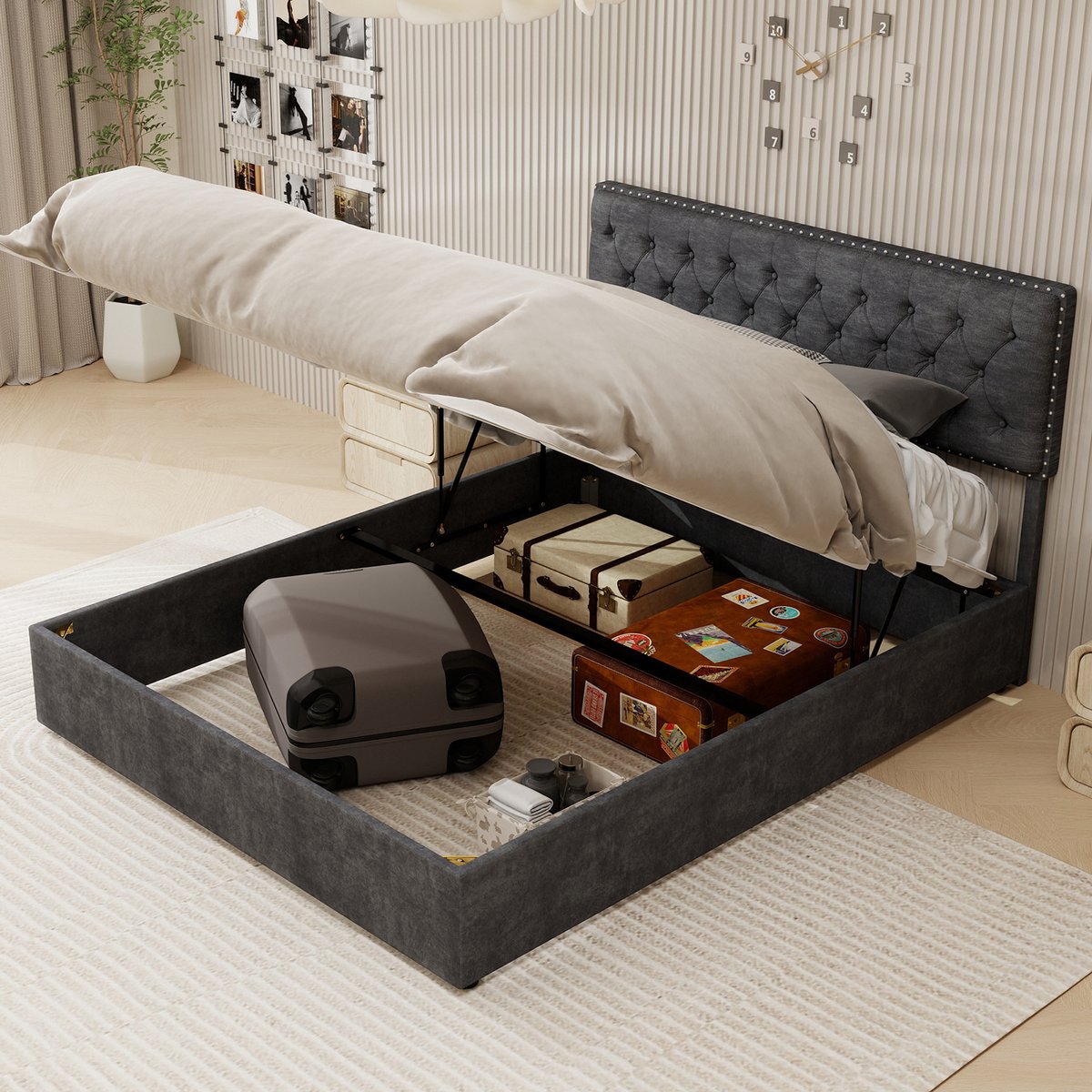 Tweepersoonsbedden - 160x200CM - Modern Minimalistisch Zacht Bed Hoge Box Met Hydraulische Stang - Grijs (Geen Matras)
