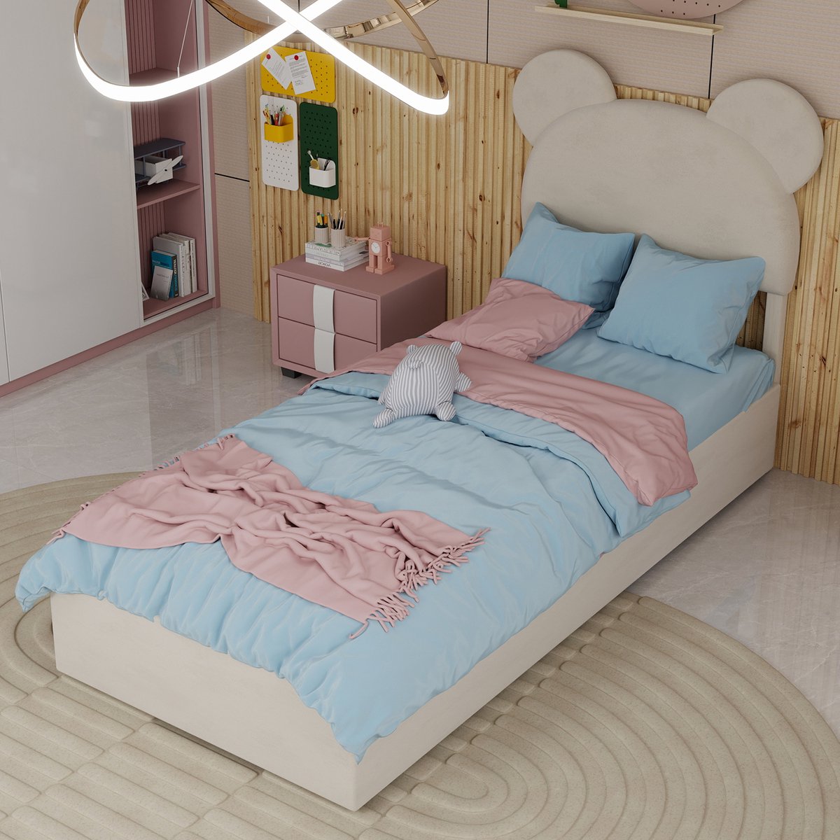 Clruro Eenpersoonsbedden - 90x200CM - Modern Minimalistisch Zacht Bed Met Cartoon Hoofdbord - Hoge Box Met Gaslift - Beige (Geen Matras)
