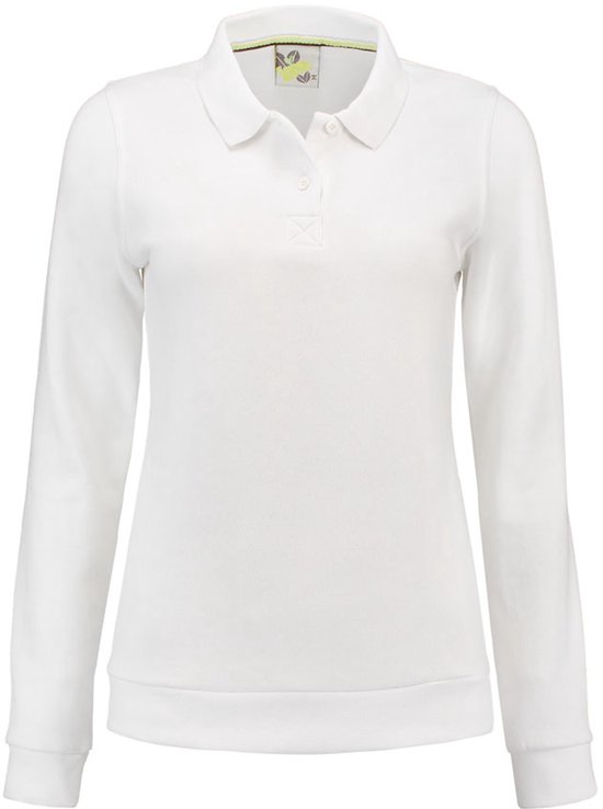Witte polotrui voor dames met lange mouwen. Kraag met knoopjes en gebreide manchetten.